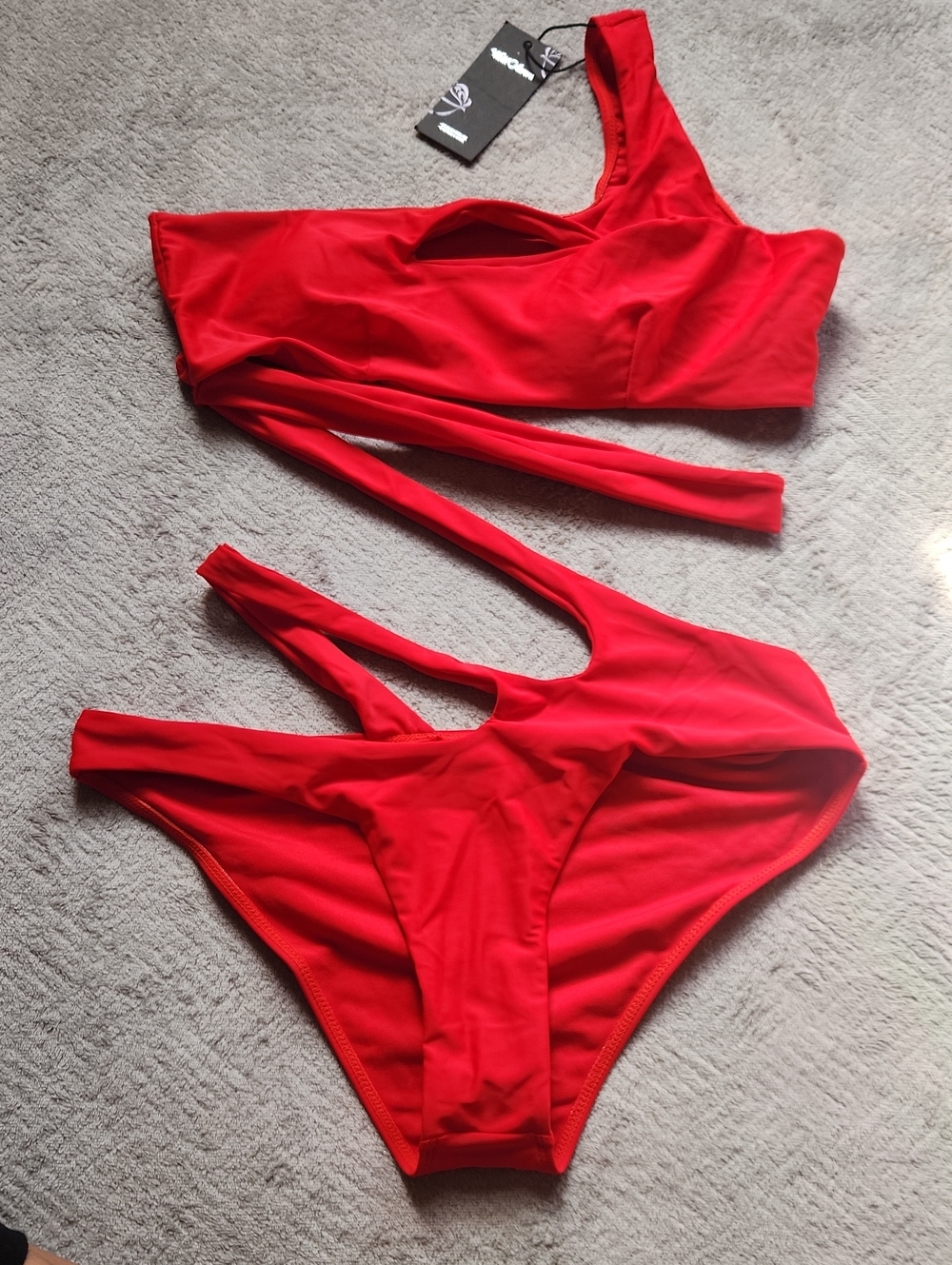 Red Summer, Vacation, Sexy, Asymmetric Cut-Out One Shoulder, Piece Swimsuit